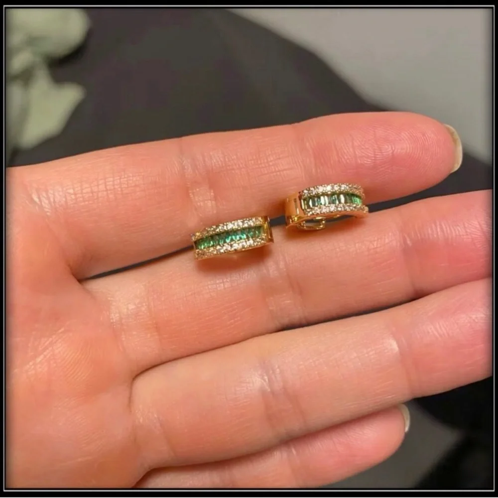Gold Hoop Earrings with Green and Clear Stones - Women Jewelry